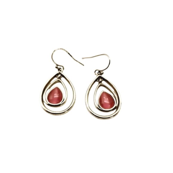 Lia Sophia Teardrop Dangle Earrings Pink Rose Glass Stone Silvertone Double Hoop - Picture 9 of 11
